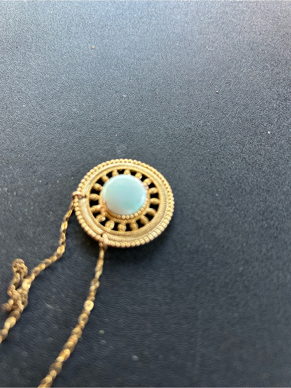 Gold-Tone Filigree Round Pendant Necklace with Opalescent Center